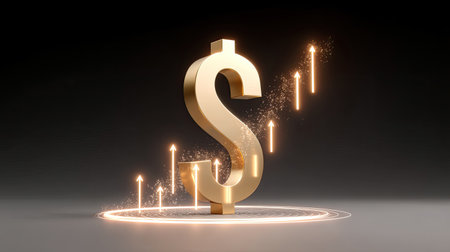 A striking 3D golden dollar symbol set against a dark background, with upward arrows representing financial growth and success, ideal for business concepts.の素材