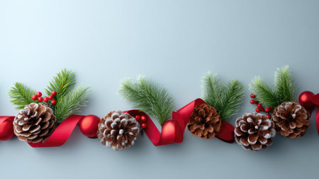 This image showcases a beautiful arrangement of pine cones, red ribbon, and greenery, creating an elegant Christmas decoration for the holiday season.の素材