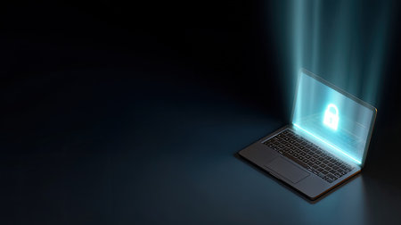 A modern laptop displays a glowing lock symbol, emphasizing digital security and protection in the realm of technology and data integrity.の素材