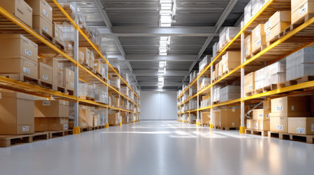 A modern warehouse interior showcasing organized shelves filled with cardboard boxes. The clean, spacious environment highlights efficient storage solutions and optimal inventory management practices.の素材