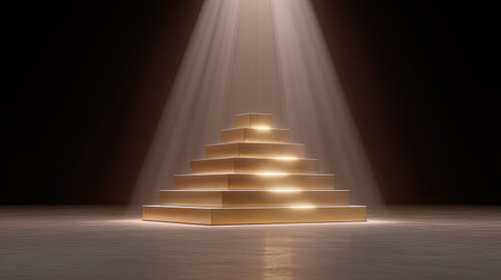 This striking image features a glowing pyramid structure illuminated by soft lights against a dark background, perfect for creative presentations or modern art displays.の素材