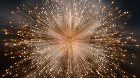 A stunning explosion of glittering lights forms a starburst pattern, creating a mesmerizing visual effect against a dark background. Perfect for celebrations.の素材