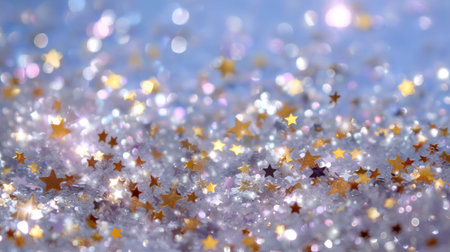A mesmerizing background featuring a vibrant display of shimmering glitter with star shapes, creating a magical bokeh effect perfect for festive designs.の素材