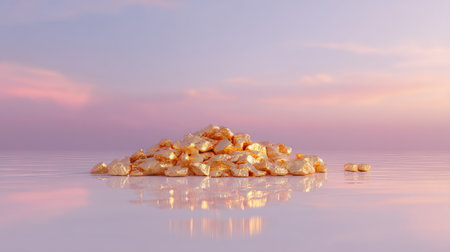 A stunning pile of crushed quartz gems glimmers under a peaceful sunset, reflecting warm tones on calm water, evoking serenity and beauty in nature.の素材