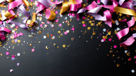 A vibrant assortment of colorful confetti and streamers scattered across a dark background, creating a joyful and festive atmosphere perfect for celebrations.の素材