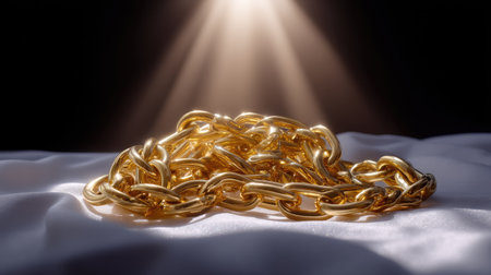 A stunning gold chain rests elegantly on soft silk fabric, illuminated by gentle light from above. This image captures luxury and beauty in exquisite detail.の素材