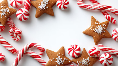 A delightful arrangement featuring gingerbread cookies shaped like stars and classic candy canes. Perfect for holiday festivities and seasonal celebrations.の素材