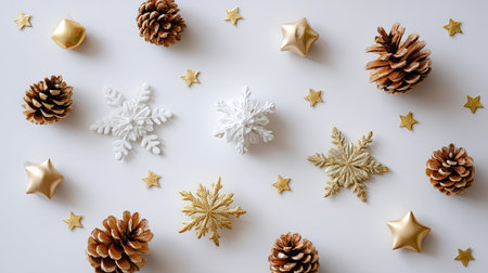 A beautiful composition featuring pine cones, white and gold snowflakes, and decorative stars creates a festive ambiance perfect for holiday celebrations.の素材