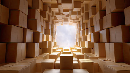 A captivating perspective view from inside a space filled with stacked wooden boxes, leading to a bright, open sky above. This image symbolizes opportunity and potential for growth.の素材