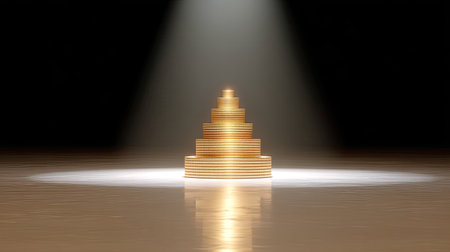 A striking visual of golden coins stacked in a pyramid formation, illuminated by a spotlight against a dark background, creating a sense of wealth and success.の素材