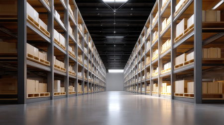 A spacious industrial warehouse aisle showcases neatly arranged shelves filled with boxes, featuring bright lighting that enhances the modern design.の素材