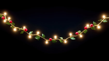 A beautifully crafted decorative garland featuring vibrant red berries and warm glowing lights, ideal for enhancing festive holiday ambiance. Perfect for indoor or outdoor settings.の素材