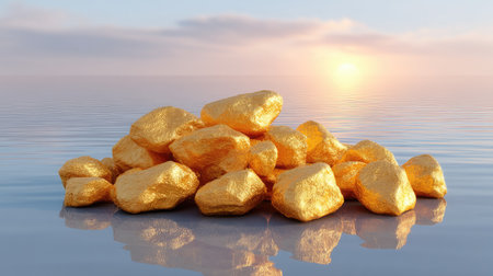 A mesmerizing scene featuring a pile of golden nuggets reflecting beautifully in calm water during sunset, showcasing tranquility and natural beauty.の素材