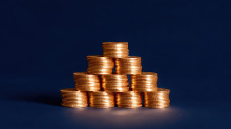 A visually striking arrangement of shiny golden coins stacked in a pyramid shape against a dark background, symbolizing wealth and financial growth.の素材