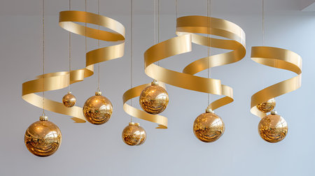 A stunning display of golden ornaments and spirals creates a festive atmosphere. Ideal for holiday celebrations, this elegant decor enhances any modern setting.の素材