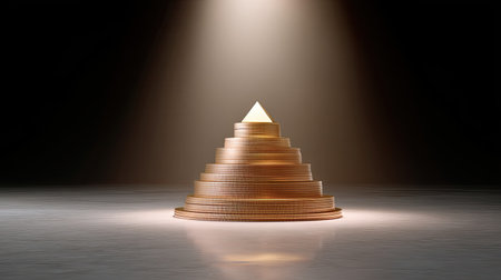 This striking image features a pyramid made of coins, dramatically illuminated by spotlights against a dark background, symbolizing wealth and success.の素材