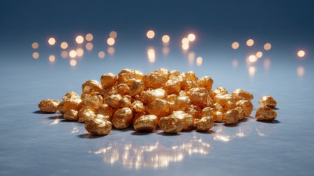 A stunning image featuring a pile of shiny gold nuggets resting on a sleek surface, complemented by soft blurred lights in the background, evoking luxury.の素材