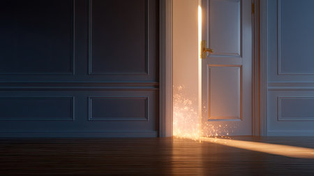 An enchanting scene featuring a partially open door with light and sparkles spilling into a dark room, symbolizing mystery and possibility.の素材
