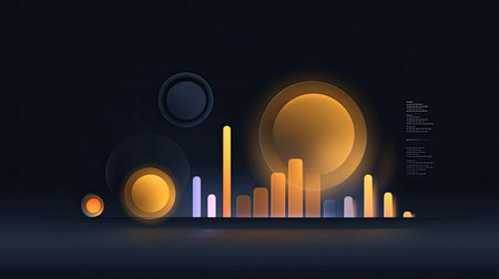 This abstract image features a dynamic visualization of data represented by colorful bars and circles on a dark background, ideal for technology and business themes.の素材