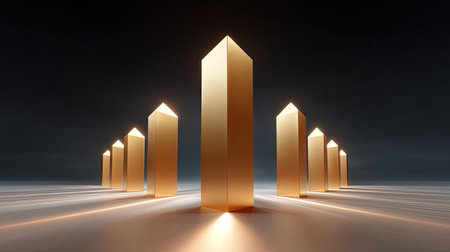 This captivating image showcases a series of golden monoliths illuminated brilliantly against a dark backdrop, creating a striking abstract art piece.の素材