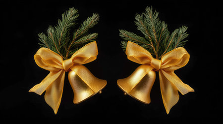 This festive image features golden bells adorned with vibrant green pine sprigs and elegant yellow ribbons against a dark background, perfect for holiday decor.の素材