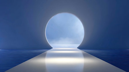 This captivating image showcases a circular gateway opening towards tranquil blue waters under soft clouds, evoking feelings of peace and inspiration.の素材