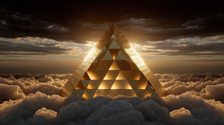 A stunning golden pyramid structure rises majestically from soft clouds, illuminated by warm sunset lights, creating a surreal and captivating landscape.の素材