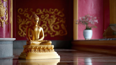 A stunning golden Buddha statue sits gracefully in a tranquil temple interior, adorned with rich red and gold decor that enhances its serene beauty.の素材