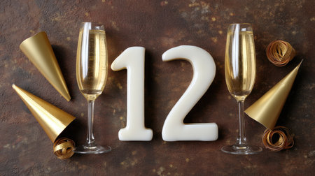 A vibrant celebration scene featuring two champagne glasses, the number twelve, golden party hats, and decorative elements. Perfect for event planning!の素材