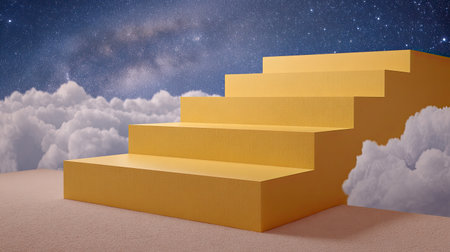 This image features vibrant yellow stairs rising through fluffy clouds, set against a starry night sky, evoking a sense of wonder, journey, and inspiration.の素材