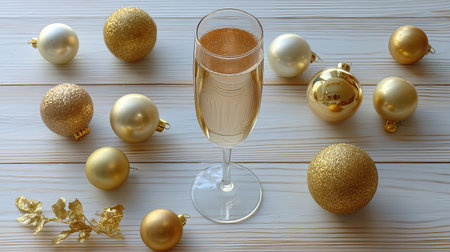 A chic arrangement featuring a champagne glass surrounded by gold Christmas ornaments on a wooden backdrop, perfect for celebrating holiday joy.の素材