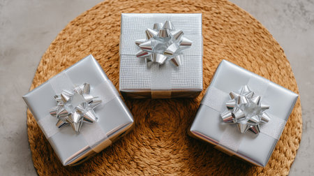 A stunning arrangement of elegant silver gift boxes, beautifully wrapped and accented with shiny bows. Perfect for any celebration or special occasion.の素材