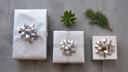 A beautiful arrangement of elegantly wrapped gifts in silver paper, adorned with shiny bows, accompanied by natural greenery, perfect for festive celebrations.の素材