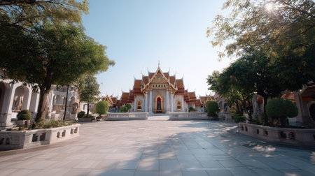 A stunning Thai temple stands elegantly against a clear blue sky, surrounded by lush greenery, offering a tranquil environment perfect for exploration.の素材