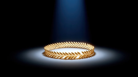 This image showcases an elegant golden laurel wreath crown illuminated by a spotlight against a dark background, symbolizing achievement and honor.の素材