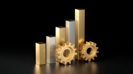 This striking image features gold and silver bars alongside gear symbols, symbolizing growth and success in the business and finance sectors.の素材