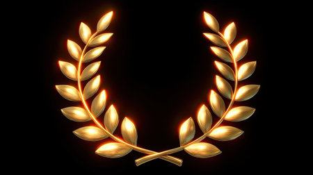 This stunning golden laurel wreath with glowing leaves on a black background symbolizes achievement, success, and prestigious awards, ideal for various celebratory designs.の素材