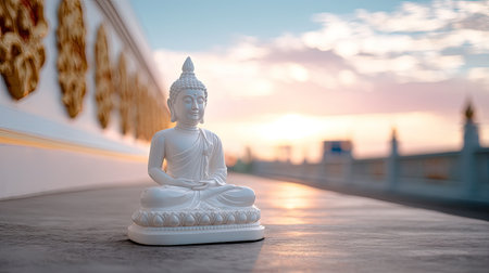 This captivating image showcases a serene white Buddha statue placed gracefully against a stunning sunset backdrop, embodying tranquility and spiritual reflection.の素材