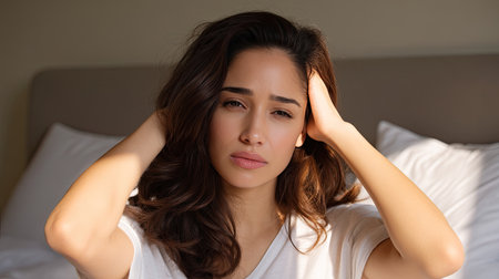 A young woman sits on her bed, hands on her head, showcasing a moment of stress or concern. The soft natural light enhances her thoughtful expression.の素材