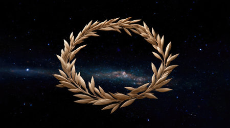 A stunning golden laurel wreath gently floats in a cosmic background, representing victory and achievement. Perfect for designs celebrating success, honor, and inspiration.の素材