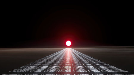 This abstract image captures a radiant sun emerging over a digital landscape, with striking light beams extending towards the horizon in a dark setting.の素材