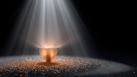 This stunning image captures a golden bowl radiating warmth, surrounded by sparkling particles, illuminated by dramatic light beams against a dark background.の素材