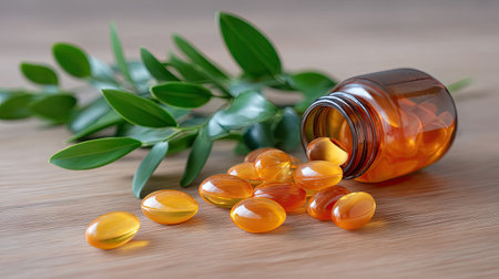 A serene scene featuring colorful orange gel capsules spilling from a brown glass bottle, complemented by vibrant green leaves on a rustic wooden table, emphasizing natural wellness.の素材