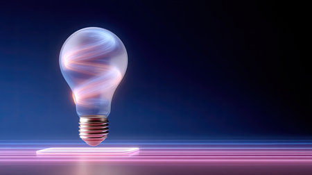 This image features a light bulb with colorful swirling patterns, suspended over a sleek surface, creating a modern and vibrant atmosphere perfect for design and innovation themes.の素材