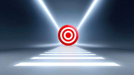A striking target icon illuminated by bright light beams, set against a dark background. This image symbolizes focus, ambition, and strategic goal achievement, making it ideal for motivational content.の素材