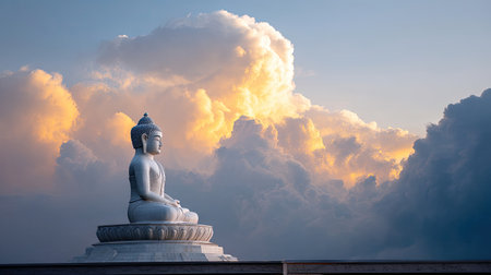 A serene Buddha statue stands gracefully against a backdrop of dramatic clouds during sunset, enveloping the scene in a peaceful and reflective ambiance.の素材