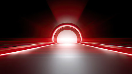 A captivating futuristic abstract scene featuring glowing red lights and circular shapes, set against a dark background. This design evokes mystery and energy, perfect for various creative projects.の素材