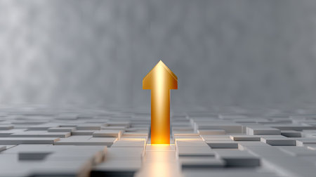 A bright golden arrow points upward, highlighting themes of growth and ambition. The metallic background adds depth to this abstract representation of success.の素材