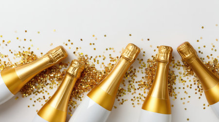 A stunning arrangement of elegant champagne bottles adorned with glossy gold foil, surrounded by shimmering glitter confetti, captures the essence of celebration.の素材