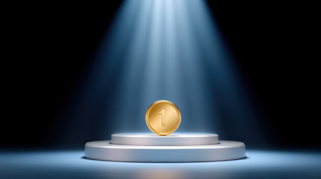 A stunning visual of a golden coin placed on a circular pedestal, lit dramatically by a spotlight in a dark environment, symbolizing success and achievement.の素材